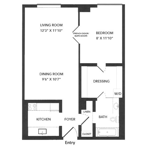 Floor plan for studio, 1 bath, 565 sqft